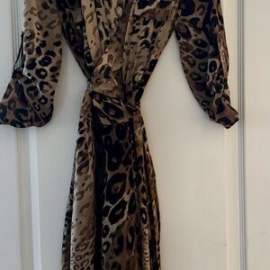 Tan and Brown Wrap Tie Front Dress with 3/4 Bishop Sleeves for Cocktail